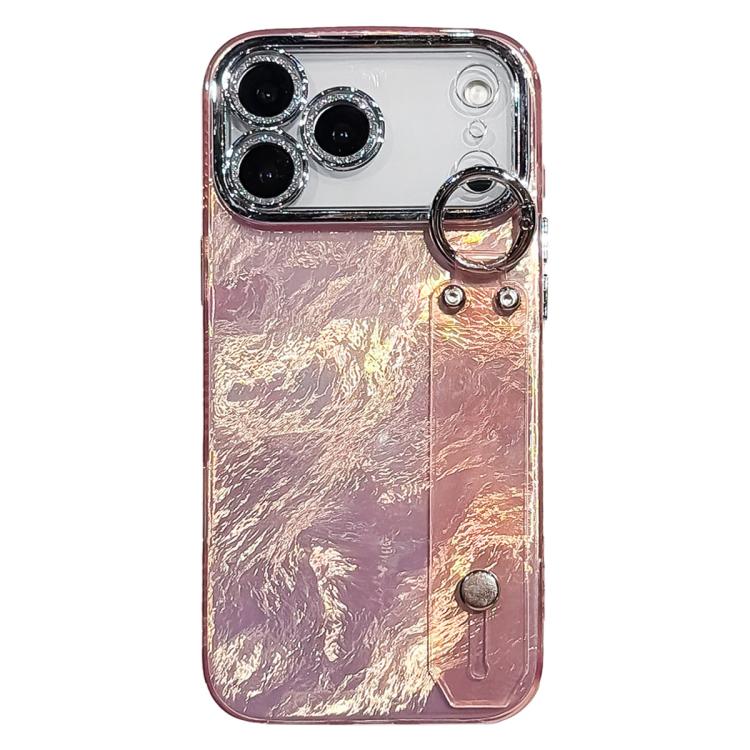 For iPhone 17 Pro Plating Foil-like Metallic Texture Wristband Holder TPU Phone Case with Lens Film(Pink)
