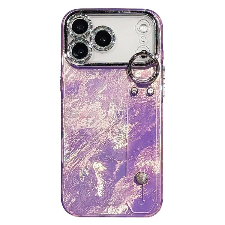 For iPhone 17 Pro Plating Foil-like Metallic Texture Wristband Holder TPU Phone Case with Lens Film(Purple)