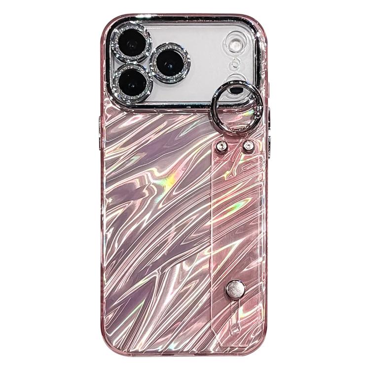 For iPhone 17 Pro Plating Ripples Texture Wristband Holder TPU Phone Case with Lens Film(Pink)