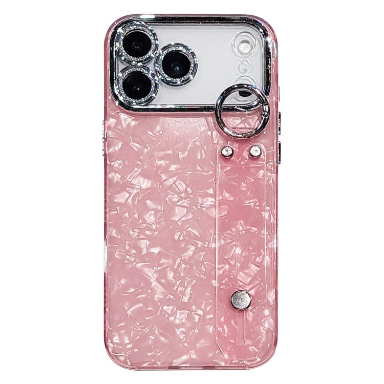 For iPhone 17 Pro Plating Shell Texture Wristband Holder TPU Phone Case with Lens Film(Pink)