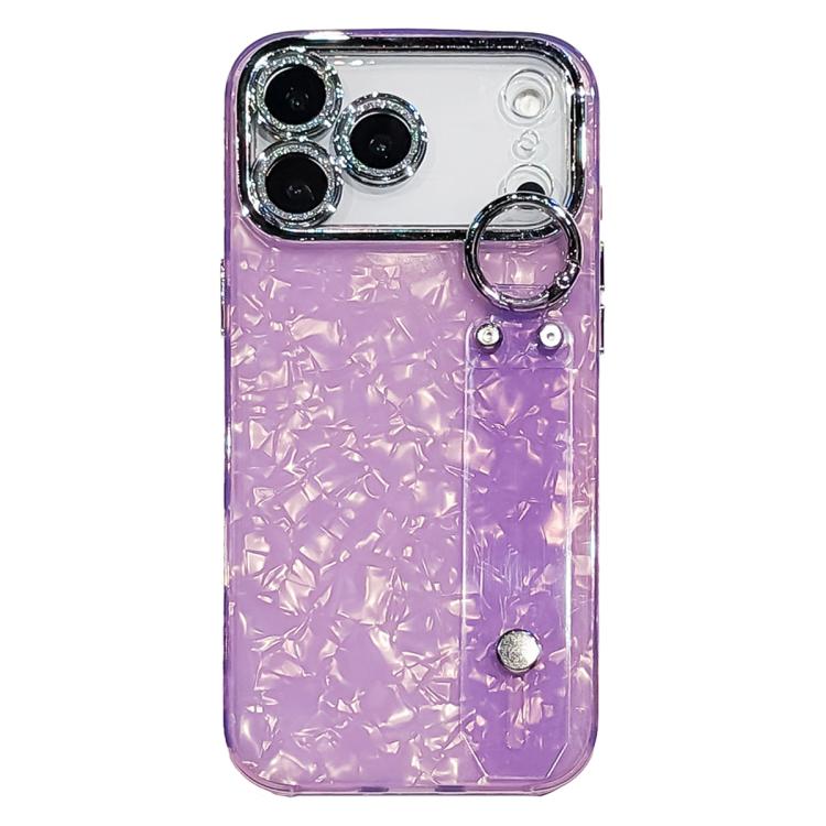 For iPhone 17 Pro Plating Shell Texture Wristband Holder TPU Phone Case with Lens Film(Purple)