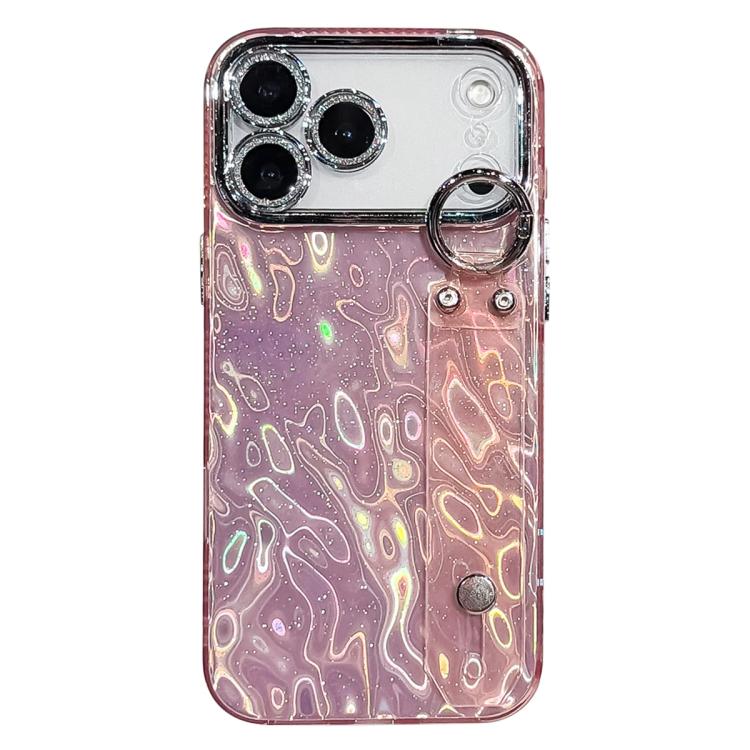 For iPhone 17 Pro Plating Wrinkled Texture Wristband Holder TPU Phone Case with Lens Film(Pink)