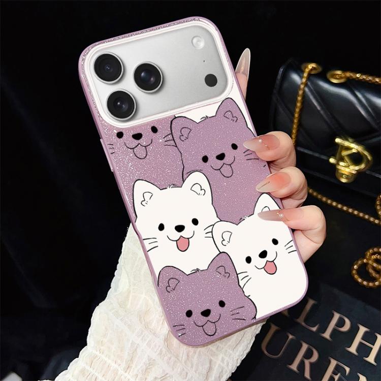 For iPhone 17 Pro Playful Tongue-Out Puppy Pattern IMD Glitter PC Hybrid TPU Phone Case(Purple)