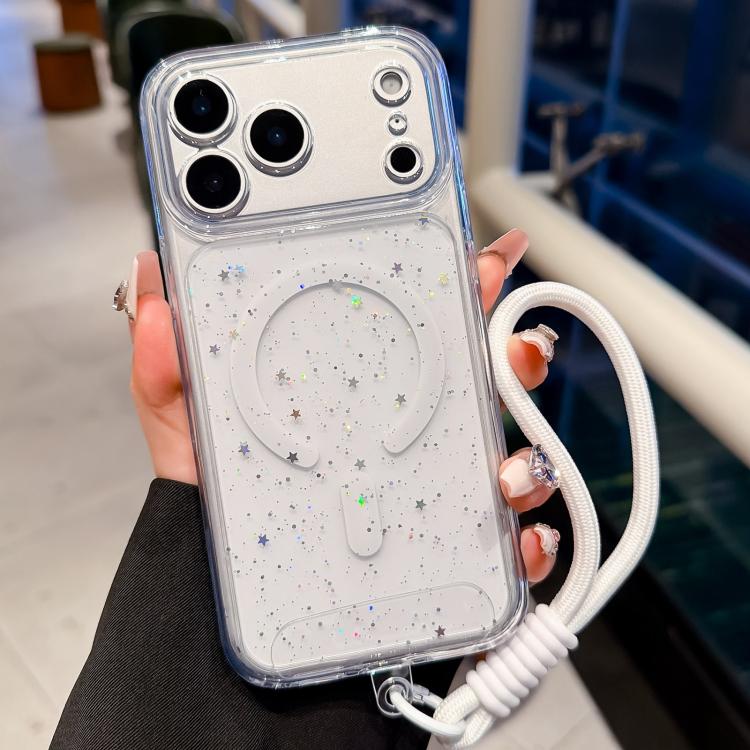 For iPhone 17 Pro Precise Hole Shockproof Gradient Epoxy Magnetic Phone Case With Lanyard(White)