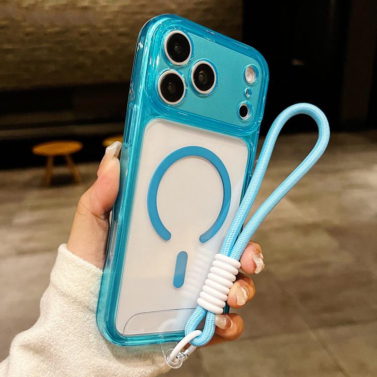 For iPhone 17 Pro Precise Hole Shockproof Magnetic TPU Hybrid Acrylic Transparent Phone Case With Lanyard(Blue)