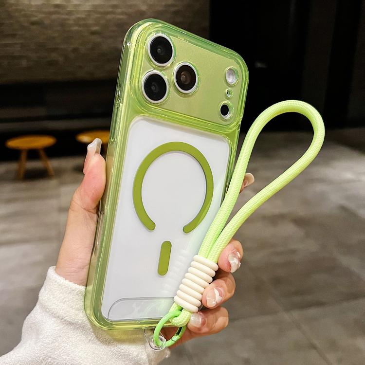 For iPhone 17 Pro Precise Hole Shockproof Magnetic TPU Hybrid Acrylic Transparent Phone Case With Lanyard(Green)