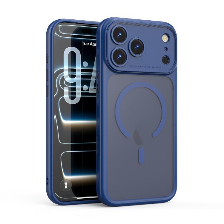 For iPhone 17 Pro Precision Hole PC Transparent Shockproof Magnetic Phone Case(Blue)