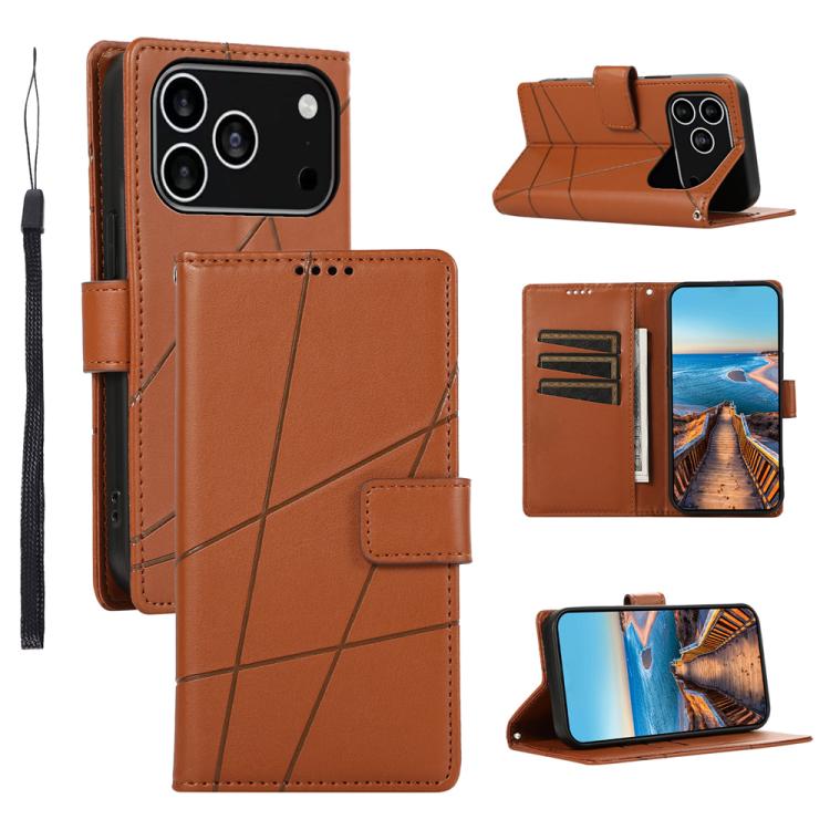 For iPhone 17 Pro PU Genuine Leather Texture Embossed Line Phone Case(Brown)