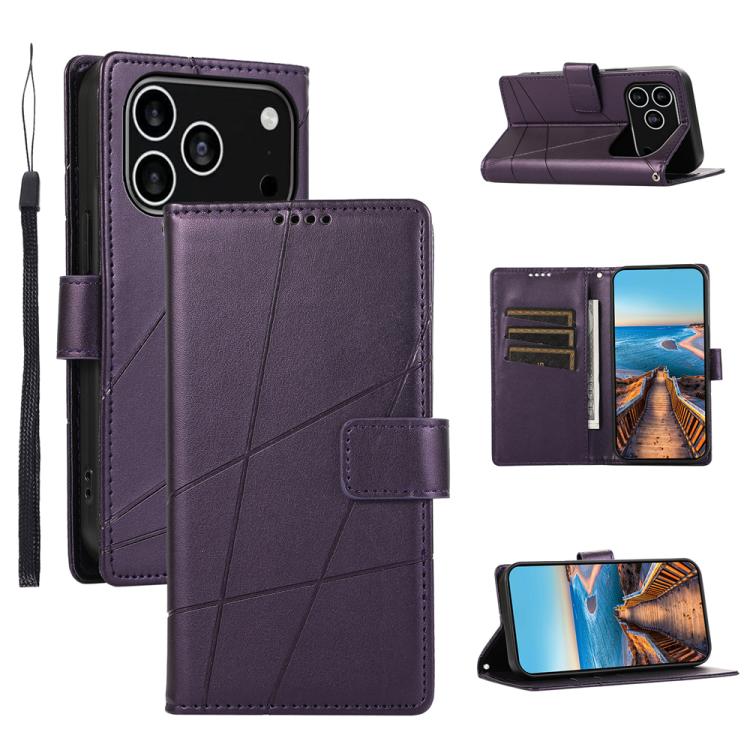 For iPhone 17 Pro PU Genuine Leather Texture Embossed Line Phone Case(Purple)