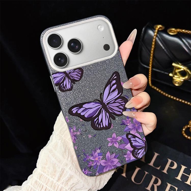 For iPhone 17 Pro Purple Butterflies Pattern IMD Glitter PC Hybrid TPU Phone Case(Black)