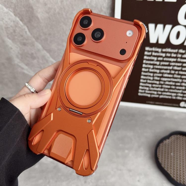 For iPhone 17 Pro Racing Car Metal Frameless 360 Rotation Holder Magnetic Phone Case(Orange)