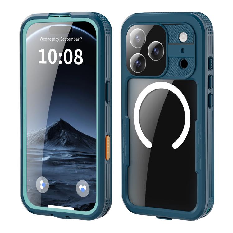 For iPhone 17 Pro RedPepper IP68 Waterproof Triple-proof MagSafe Phone Case(Cyan + Lake Blue)