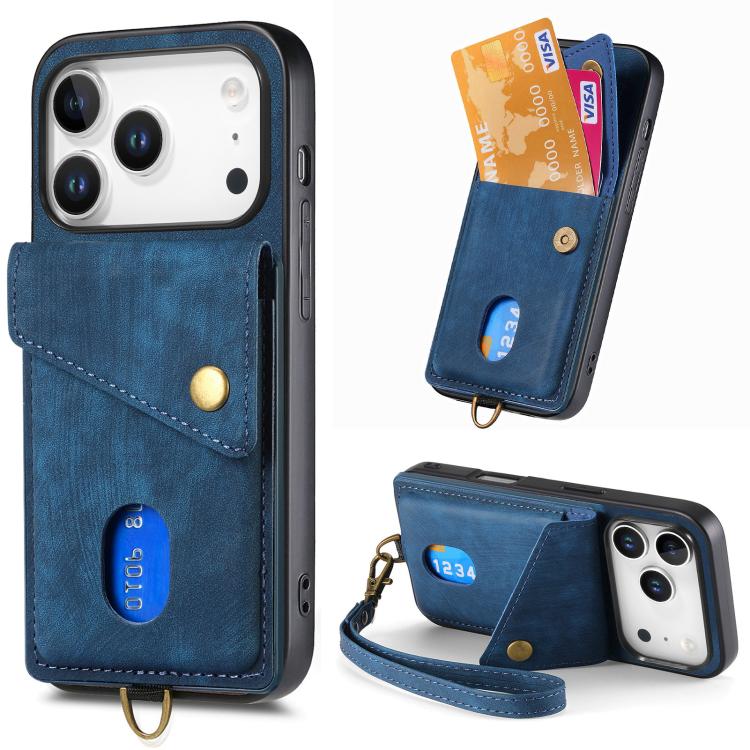 For iPhone 17 Pro Retro Card Wallet Fold Leather Phone Case with Strap(Blue)