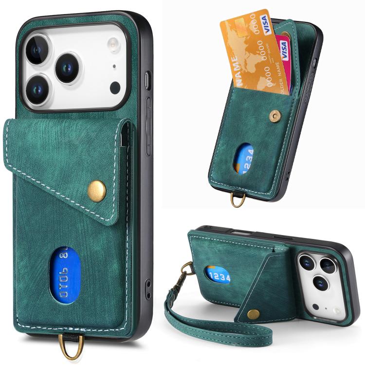 For iPhone 17 Pro Retro Card Wallet Fold Leather Phone Case with Strap(Green)