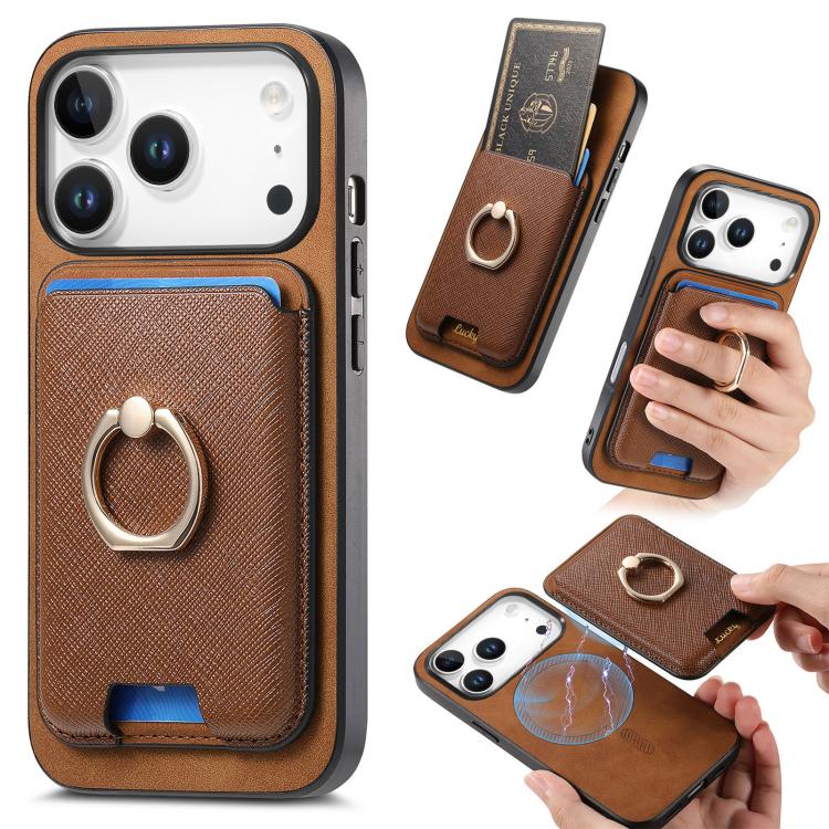 For iPhone 17 Pro Retro Cross Leather Card Bag MagSafe Phone Case(Brown)