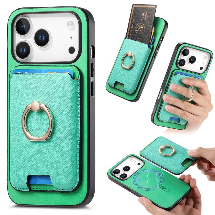 For iPhone 17 Pro Retro Cross Leather Card Bag MagSafe Phone Case(Green)