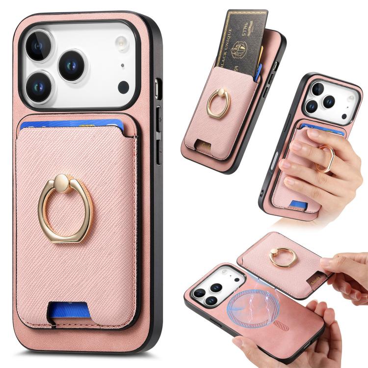 For iPhone 17 Pro Retro Cross Leather Card Bag MagSafe Phone Case(Pink)