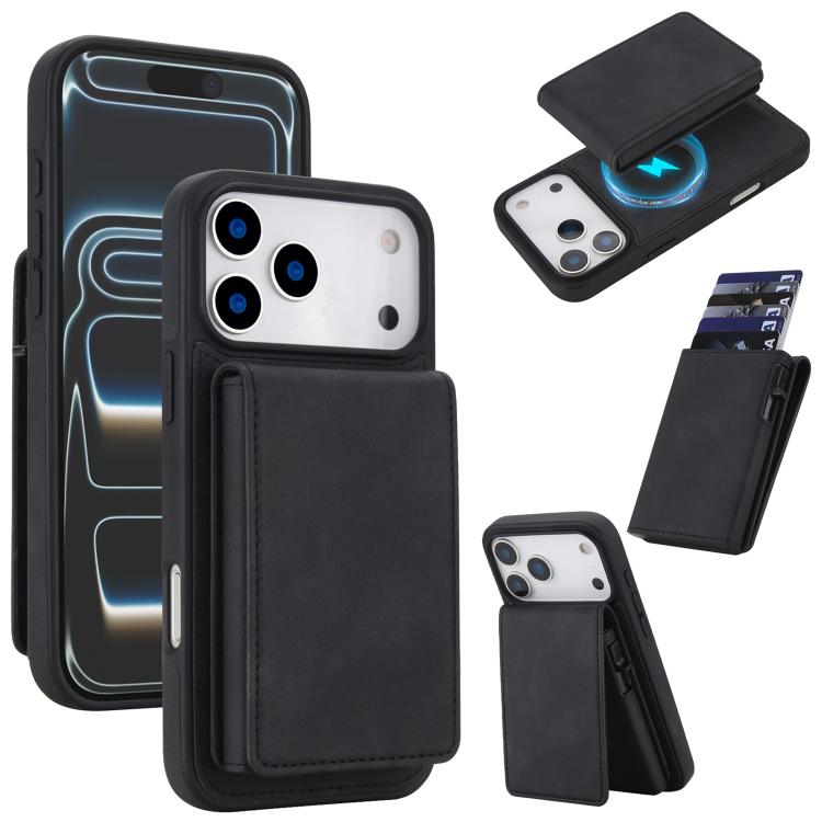For iPhone 17 Pro Retro Faux Leather Detachable Spring Loaded Card Bag Magnetic RFID Phone Case(Black)
