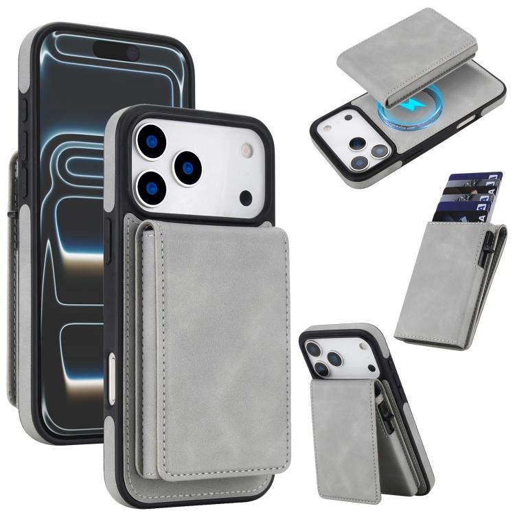 For iPhone 17 Pro Retro Faux Leather Detachable Spring Loaded Card Bag Magnetic RFID Phone Case(Gray)