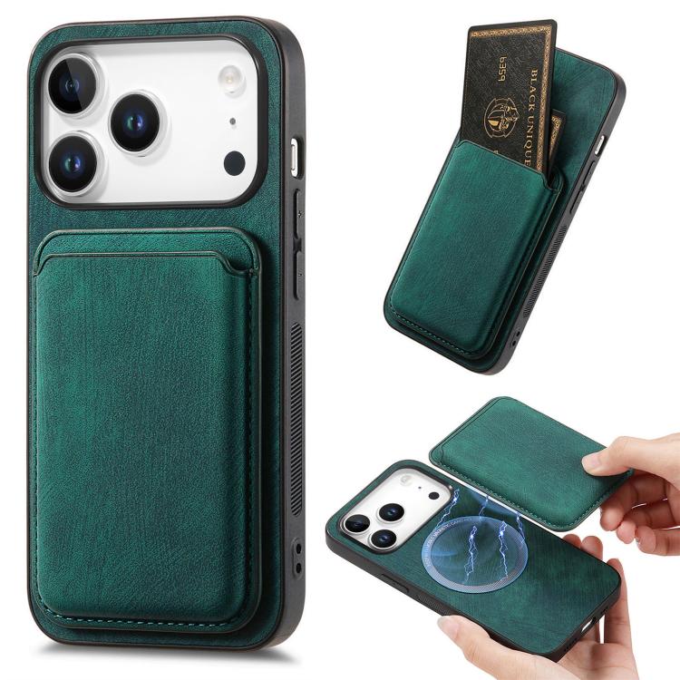 For iPhone 17 Pro Retro Leather Card Bag Magnetic Phone Case(Green)