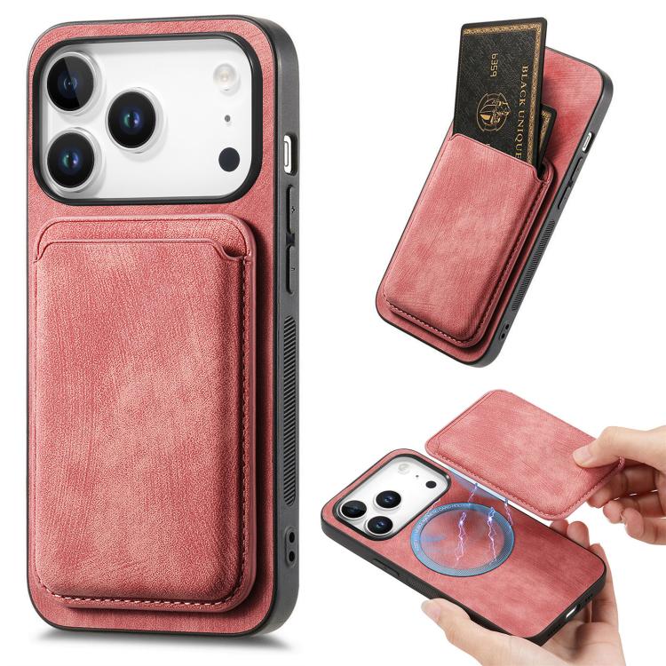 For iPhone 17 Pro Retro Leather Card Bag Magnetic Phone Case(Pink)