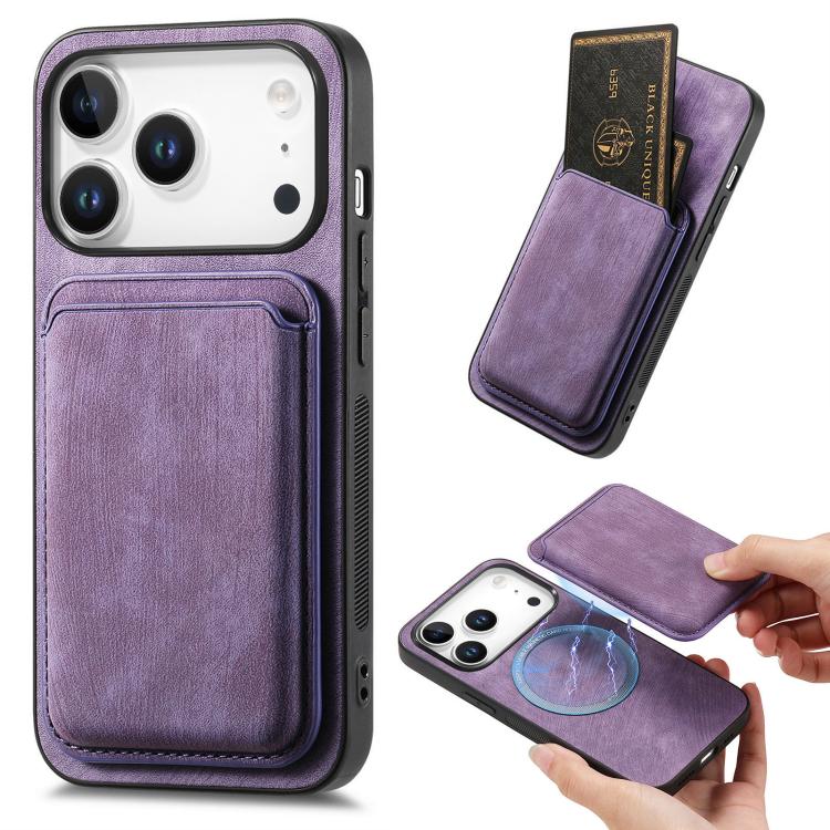 For iPhone 17 Pro Retro Leather Card Bag Magnetic Phone Case(Purple)
