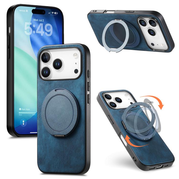 For iPhone 17 Pro Retro Leather Rotation Round Holder Phone Case(Blue)