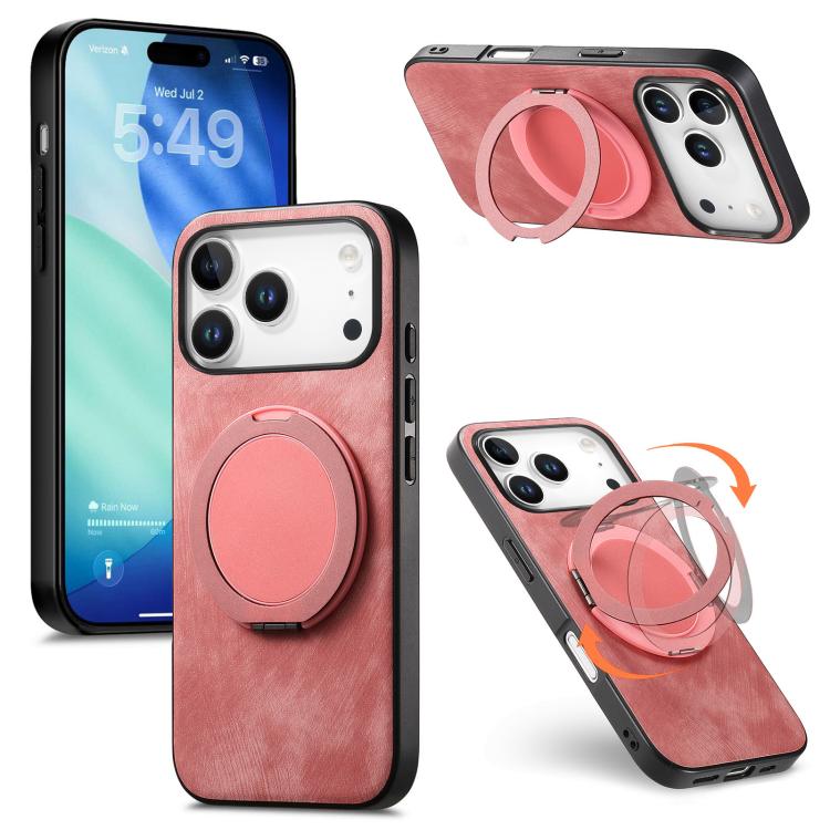 For iPhone 17 Pro Retro Leather Rotation Round Holder Phone Case(Pink)