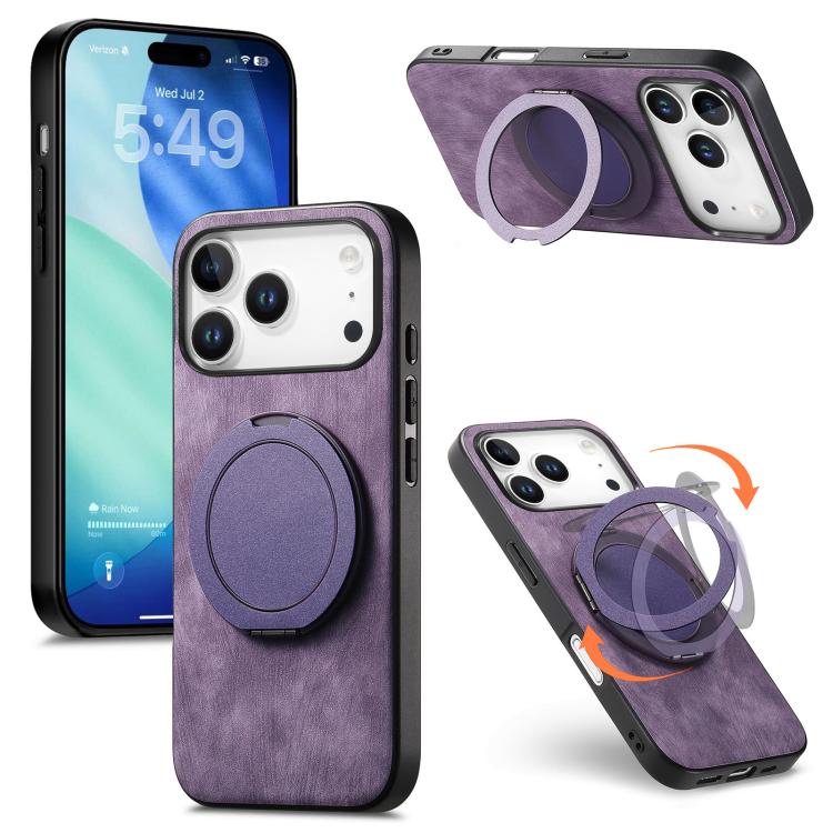 For iPhone 17 Pro Retro Leather Rotation Round Holder Phone Case(Purple)