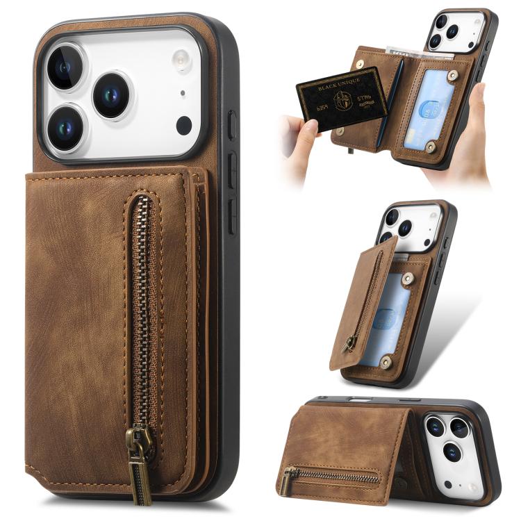 For iPhone 17 Pro Retro Leather Zipper Wallet Back Phone Case(Brown)