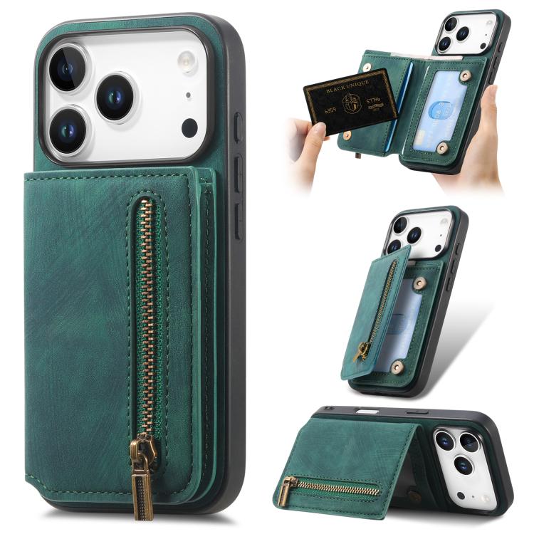 For iPhone 17 Pro Retro Leather Zipper Wallet Back Phone Case(Green)