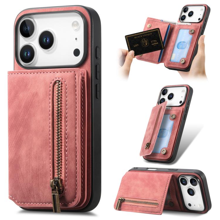 For iPhone 17 Pro Retro Leather Zipper Wallet Back Phone Case(Pink)