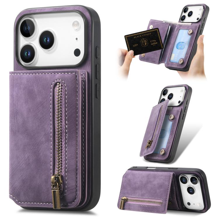For iPhone 17 Pro Retro Leather Zipper Wallet Back Phone Case(Purple)
