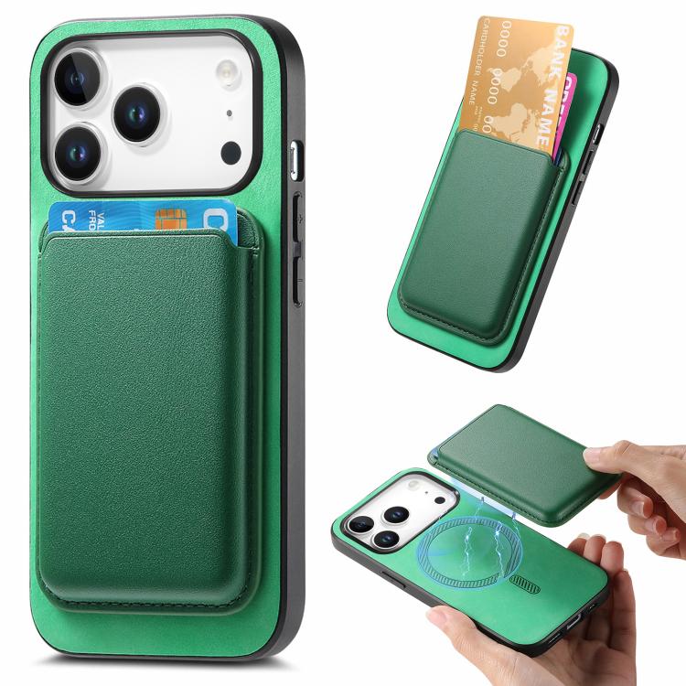 For iPhone 17 Pro Retro Magsafe Card Bag PU Back Cover Phone Case(Green)