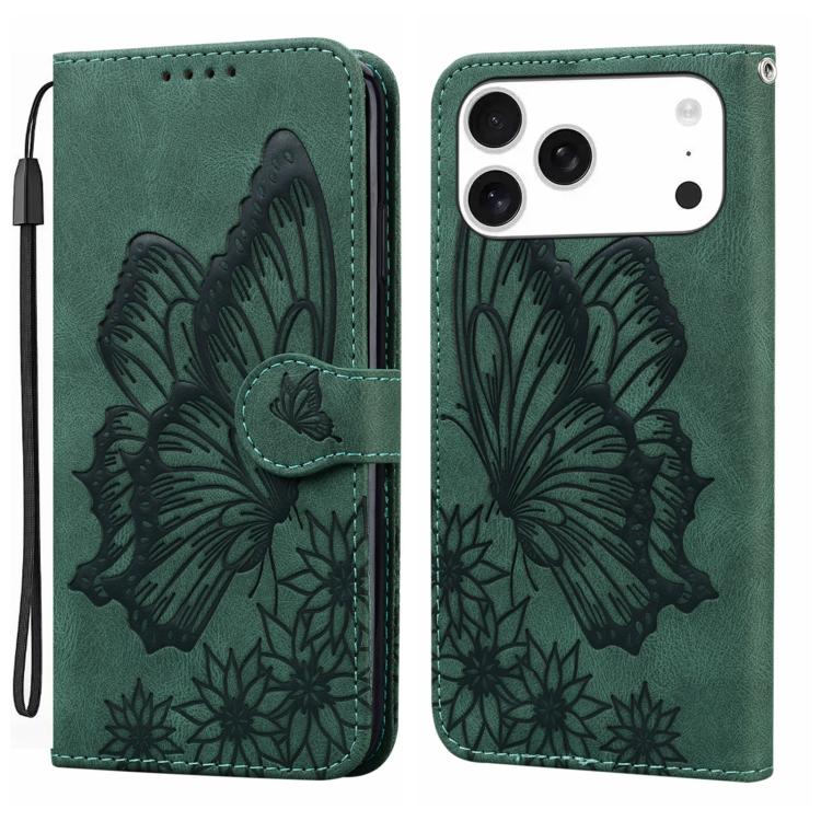 For iPhone 17 Pro Retro Skin Feel Butterflies Embossing Horizontal Flip Leather Phone Case(Green)