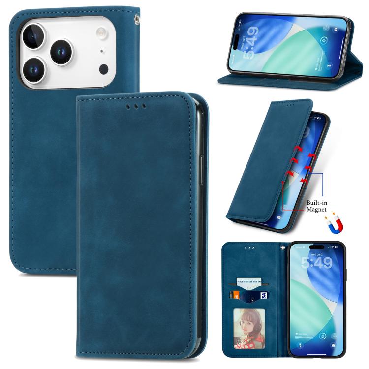 For iPhone 17 Pro Retro Skin Feel Magnetic Flip Leather Phone Case(Blue)