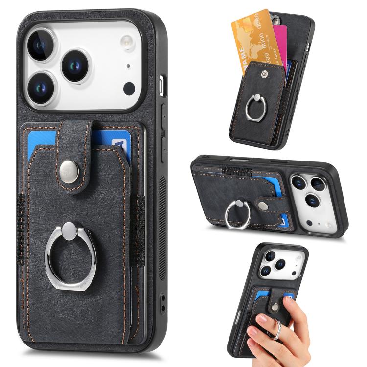 For iPhone 17 Pro Retro Skin-feel Ring Card Wallet Phone Case(Black)