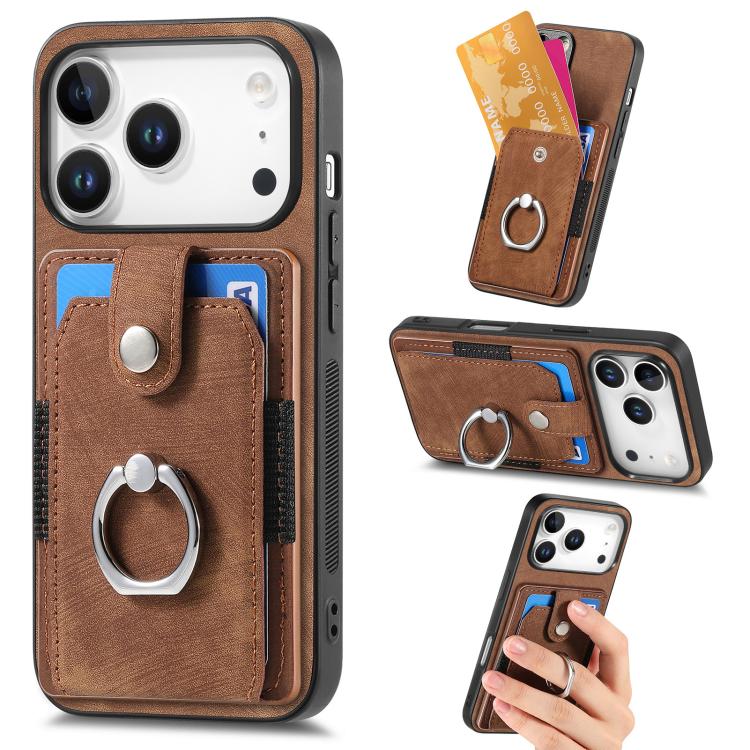 For iPhone 17 Pro Retro Skin-feel Ring Card Wallet Phone Case(Brown)