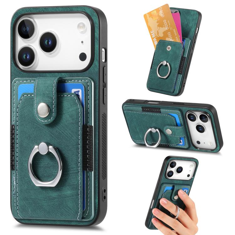 For iPhone 17 Pro Retro Skin-feel Ring Card Wallet Phone Case(Green)