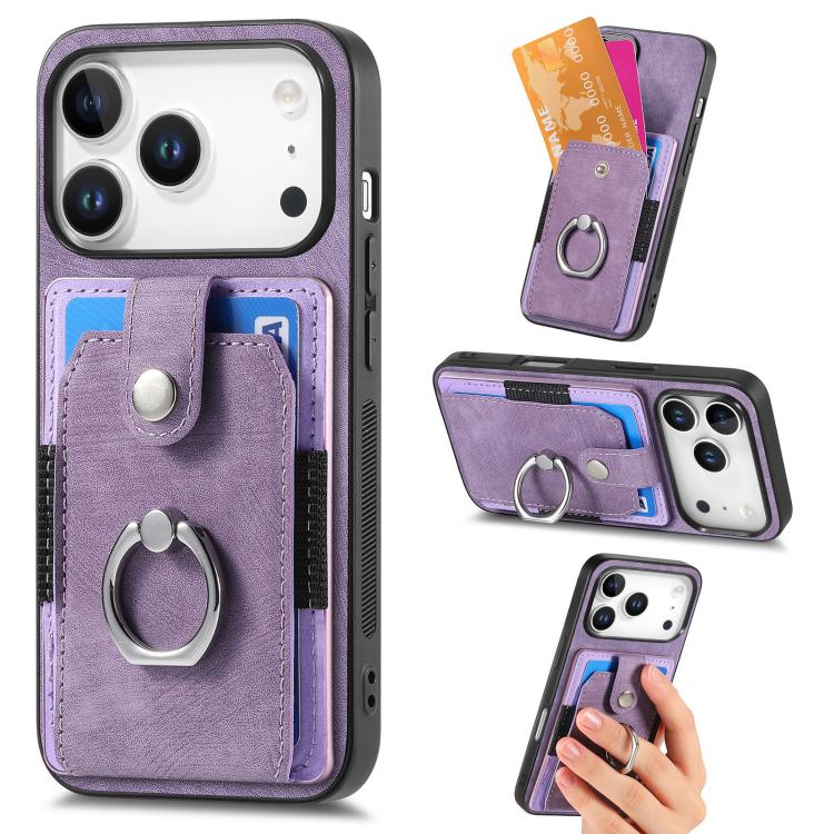 For iPhone 17 Pro Retro Skin-feel Ring Card Wallet Phone Case(Purple)
