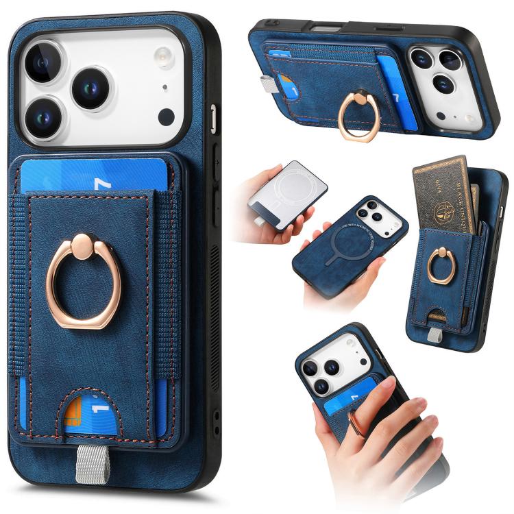 For iPhone 17 Pro Retro Splitable Magnetic Card Bag Leather Phone Case(Blue)