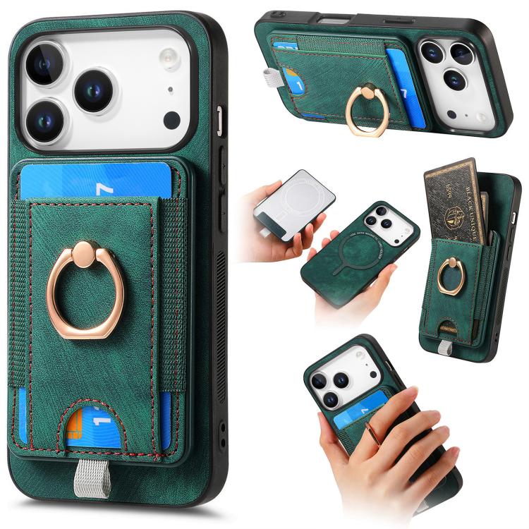 For iPhone 17 Pro Retro Splitable Magnetic Card Bag Leather Phone Case(Green)