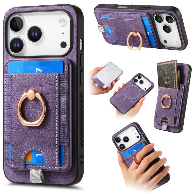 For iPhone 17 Pro Retro Splitable Magnetic Card Bag Leather Phone Case(Purple)