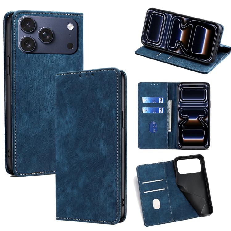 For iPhone 17 Pro RFID Anti-theft Brush Magnetic Leather Phone Case(Blue)