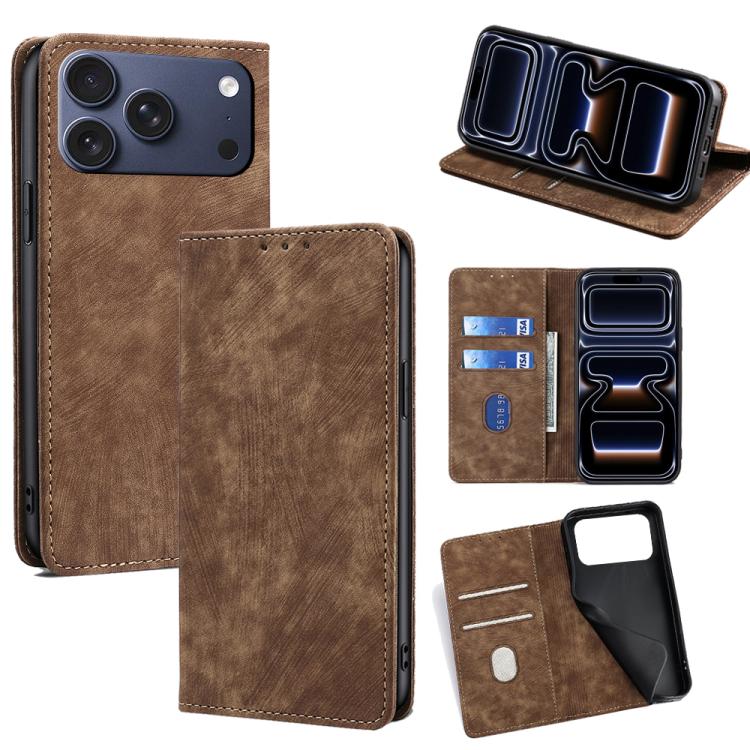 For iPhone 17 Pro RFID Anti-theft Brush Magnetic Leather Phone Case(Brown)