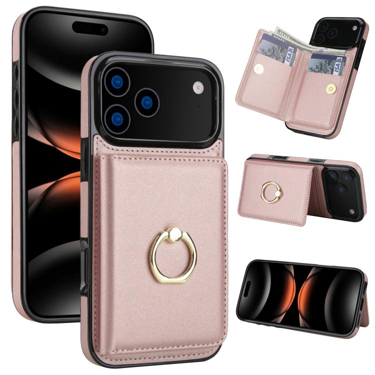 For iPhone 17 Pro RFID Anti-theft Card Ring Holder Phone Case(Rose Gold)
