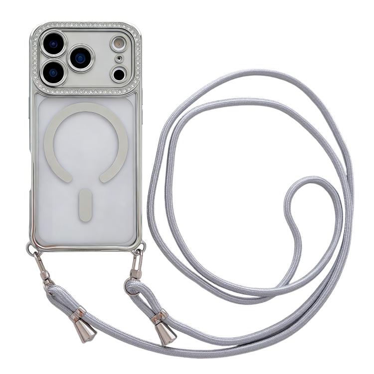For iPhone 17 Pro Rhinestone Clear Acrylic Electroplated Magnetic Phone Case with Neck Lanyard(Silver)