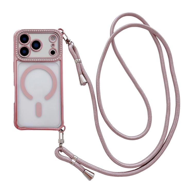 For iPhone 17 Pro Rhinestone Clear Acrylic Electroplated Magnetic Phone Case with Right-Side Crossbody Lanyard(Pink)