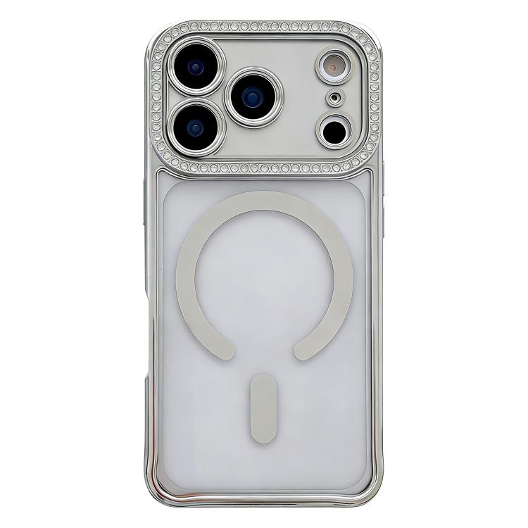 For iPhone 17 Pro Rhinestone Clear Acrylic Electroplated Magnetic Phone Case(Silver)