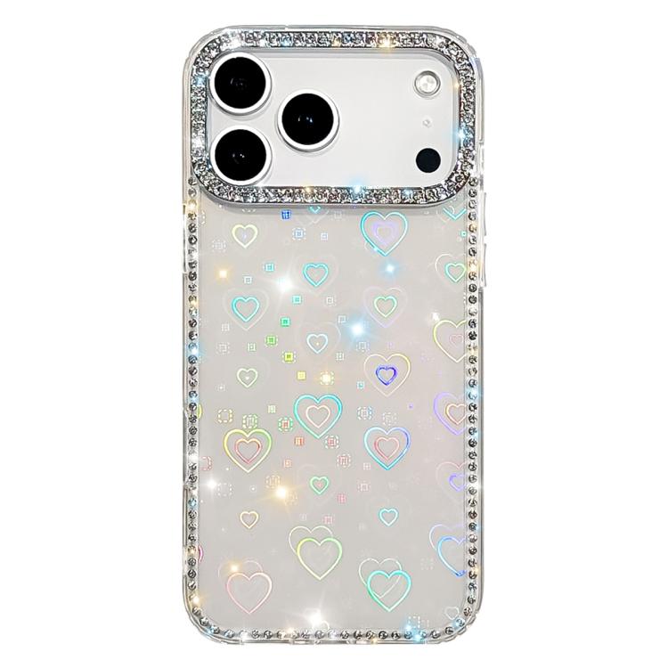 For iPhone 17 Pro Rhinestone Dual-side IMD PC Hybrid TPU Phone Case(Heart Transparent)